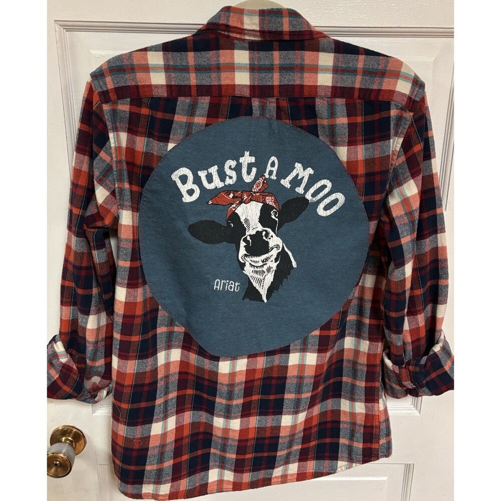 Bust A Moo Ariat Cow Upcycled Flannel Shirt Unisex Size Medium Plaid Farm